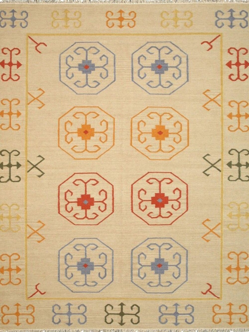 Ivory Kilim Wool Area Rug 5'6 x 8' Handwoven Medallion Reversible Boho
